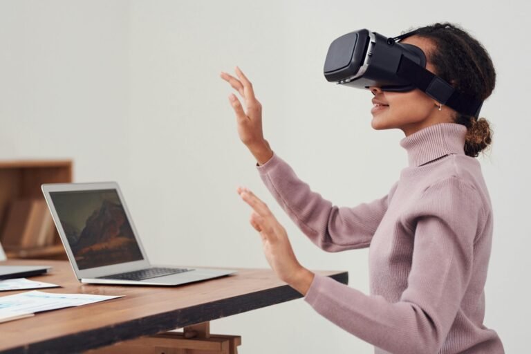 African American woman engaging with VR headset in indoor setting.