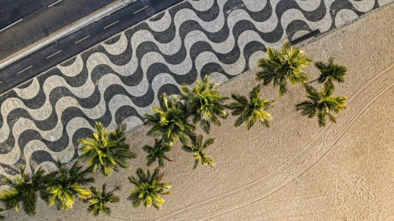 Aerial image of Copacabana Beach showing the famous wave-patterned sidewalk and palm trees.